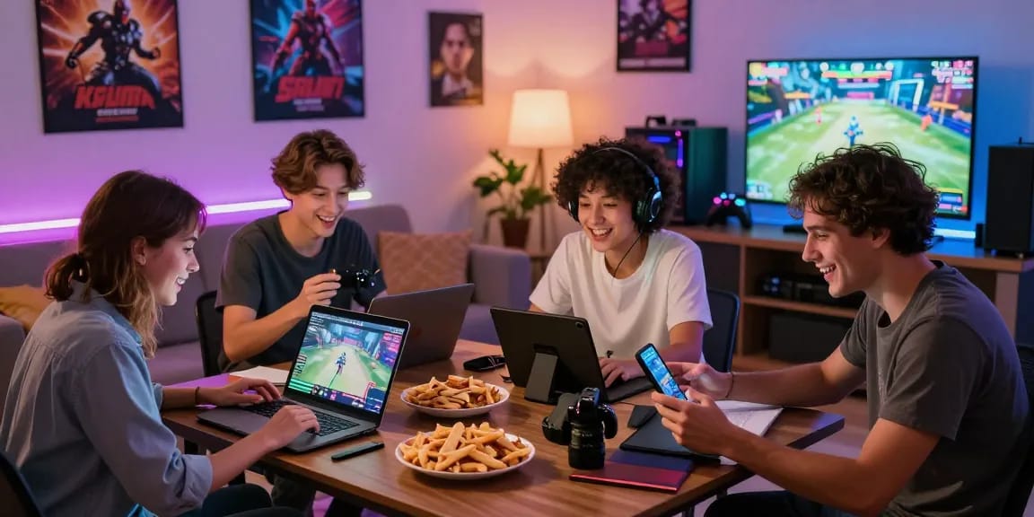 Friends enjoying interactive porn games in a cozy environment with modern gaming devices.