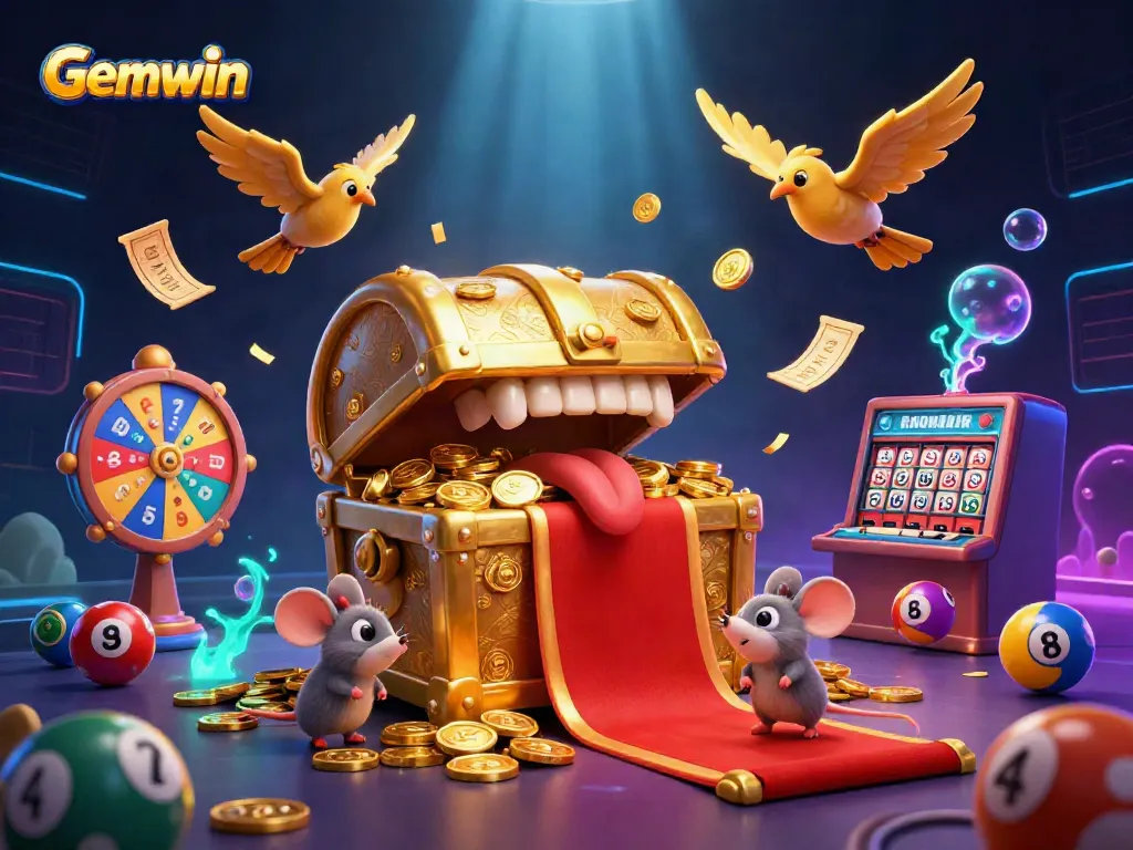 Gemwin offers a vibrant illustration of online gaming with a treasure chest and lottery elements.