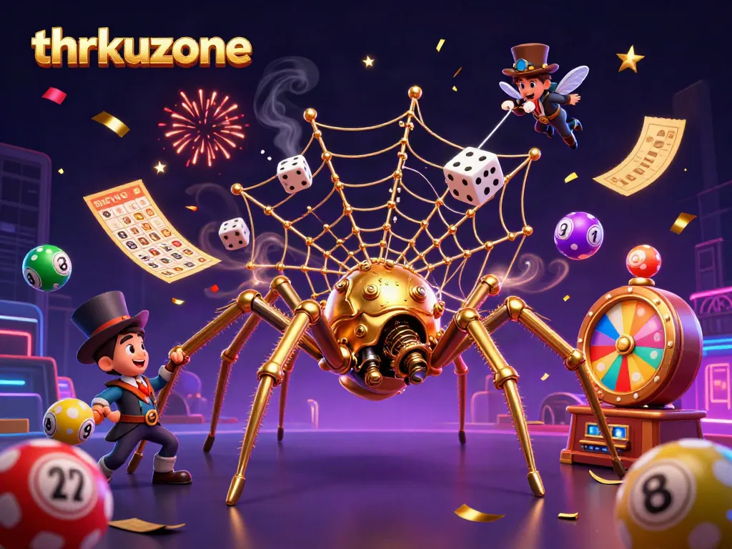 Engage with thrilling gameplay at thrkuzone featuring a steampunk golden spider and vibrant casino elements.