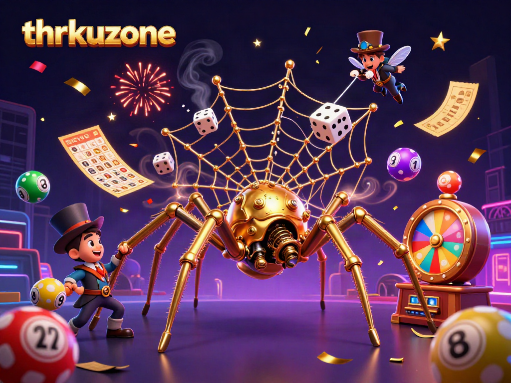 Engage with thrilling gameplay at thrkuzone featuring a steampunk golden spider and vibrant casino elements.