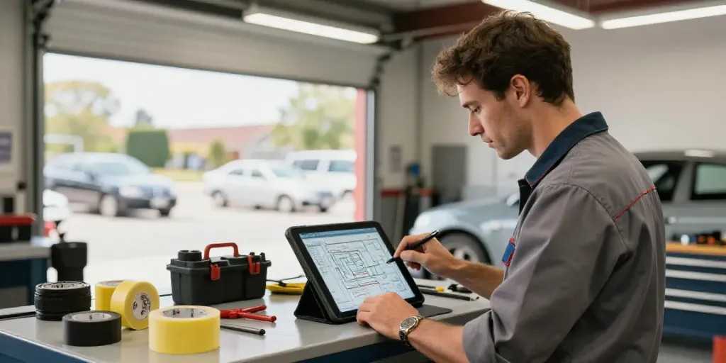 Technician using Link Super33 tape and tools in automotive workshop environment.
