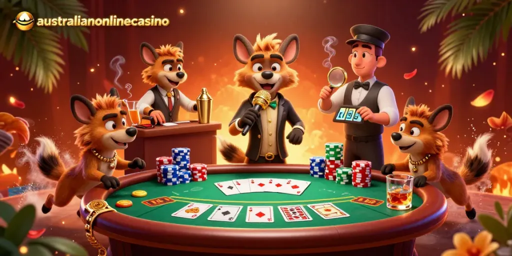 Hyenas at an australianonlinecasino club featuring unique drinking tips and vibrant poker elements.