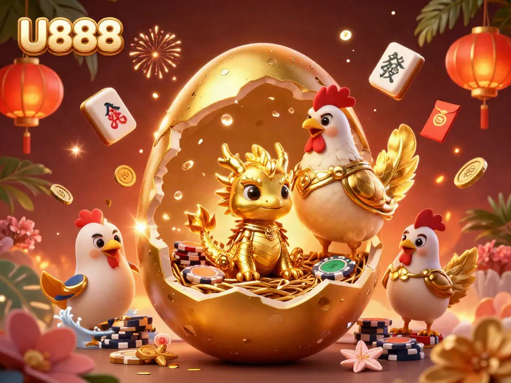 Experience U888 as a golden dragon emerges from a colossal egg, embodying luck and fortune.