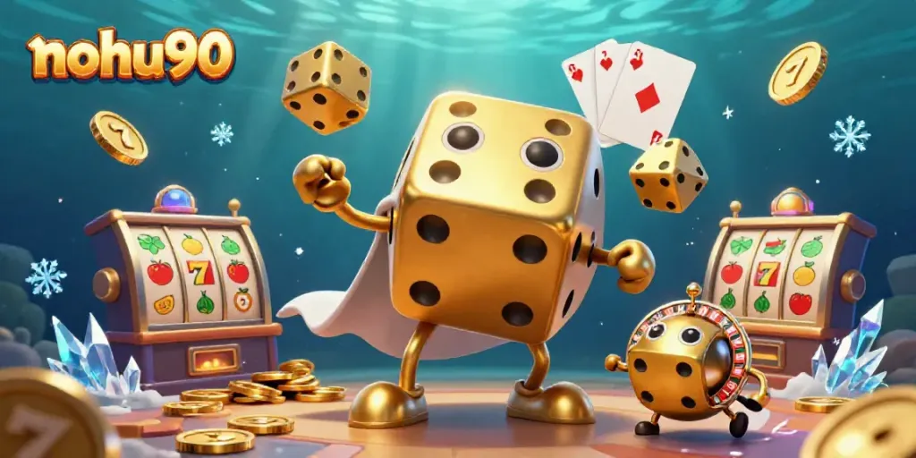 Spin and win at nohu90's vibrant online casino with a dynamic golden dice golem and slot elements.