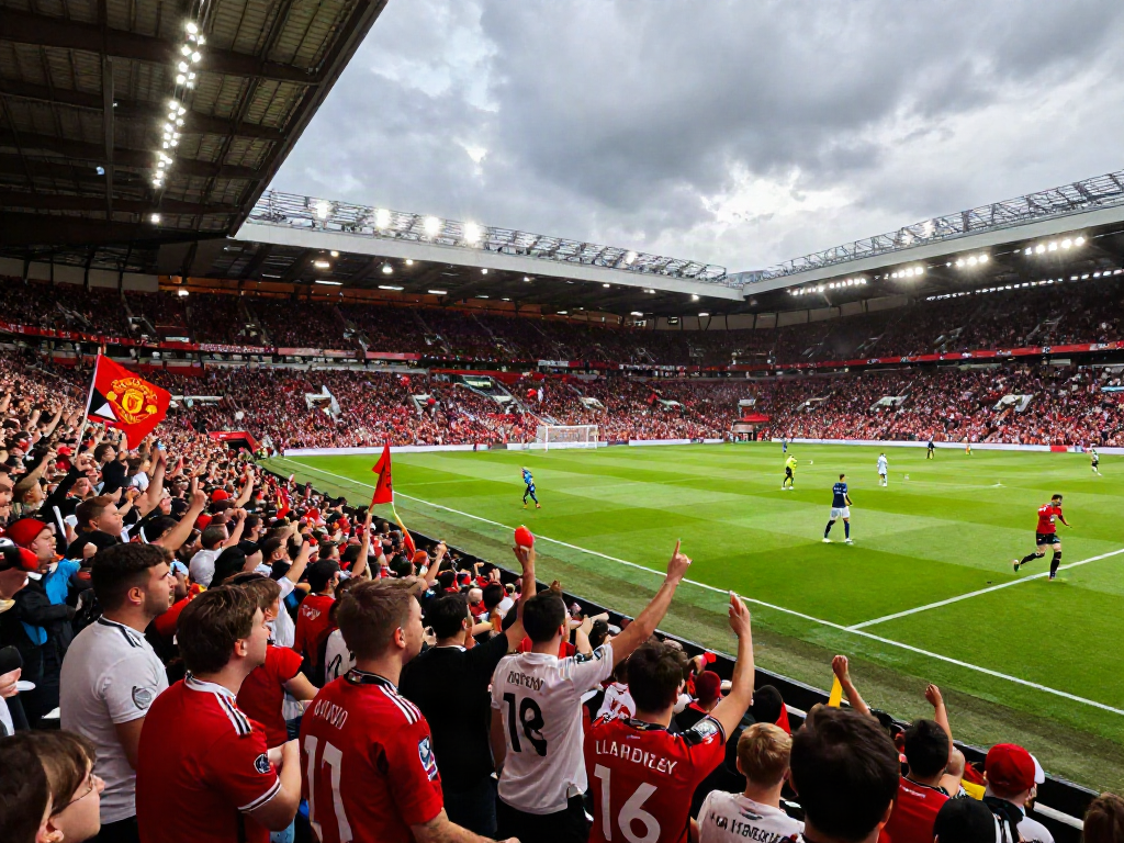 Enthusiastic fans during the intense แมนฯยูไนเต็ด vs ลิเวอร์พูล football match in a vibrant stadium atmosphere.