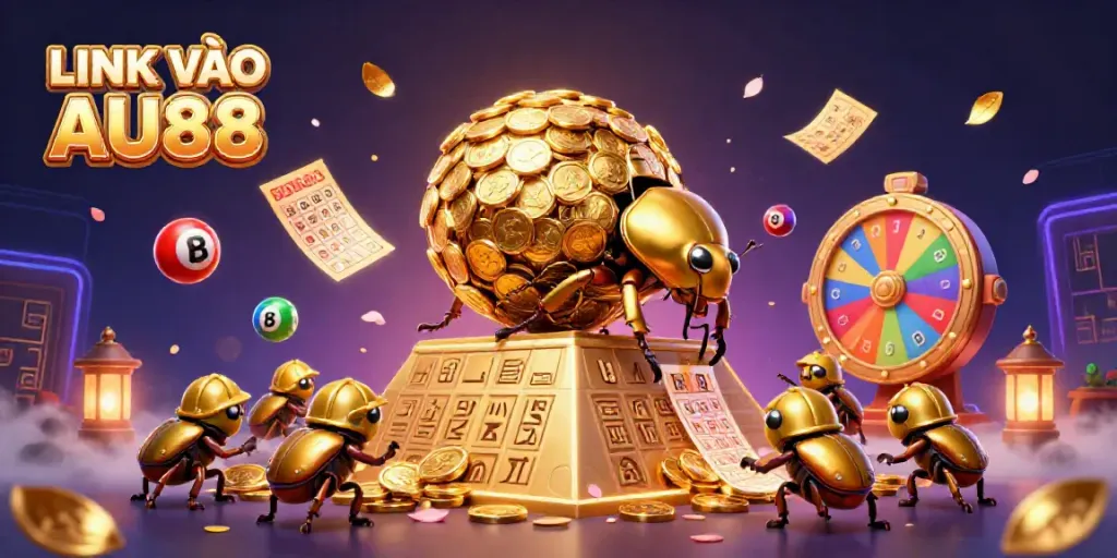 Experience the excitement of LINK VÀO AU88 with vibrant animated lottery elements and golden beetles in a dynamic casino scene.