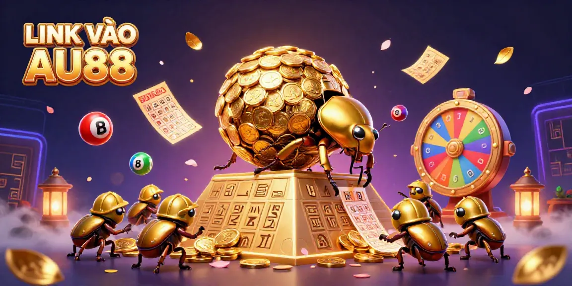 Experience the excitement of LINK VÀO AU88 with vibrant animated lottery elements and golden beetles in a dynamic casino scene.