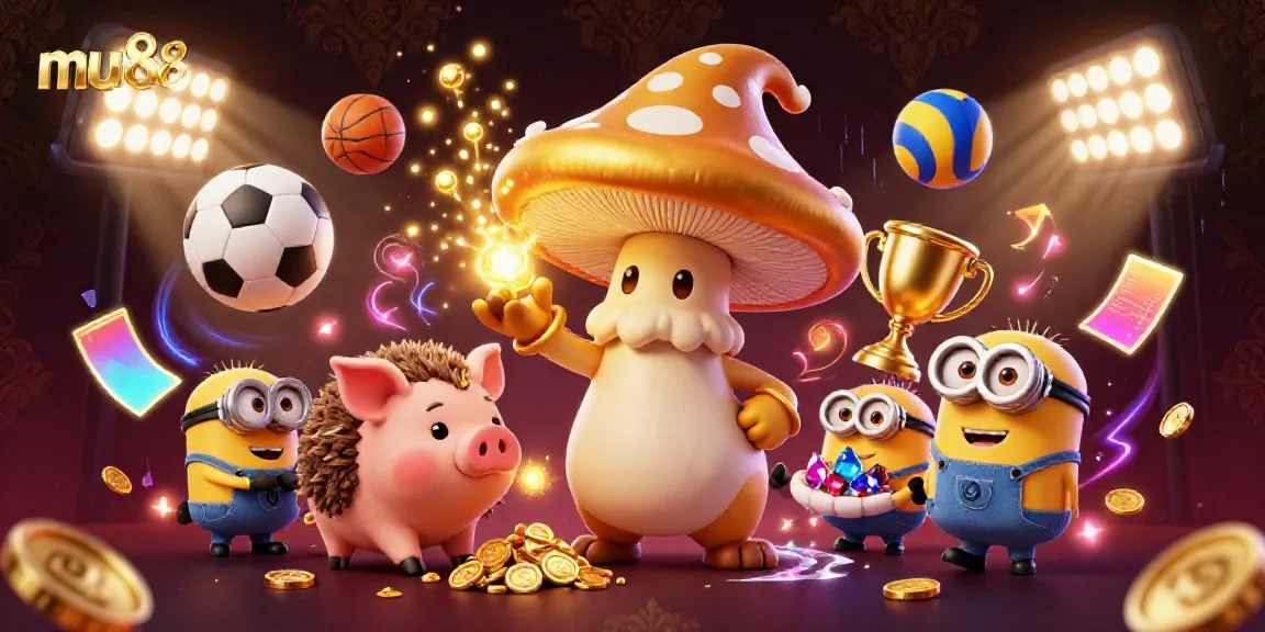 Experience the thrill of mu88 with a whimsical golden mushroom wizard, sports balls, and dynamic gaming elements.