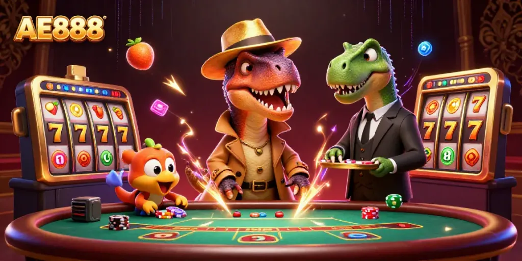Engage with AE888's thrilling casino experience featuring dinosaurs at a vibrant table.
