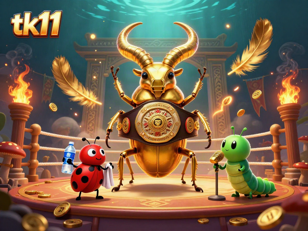 Engage in thrilling casino action with tk11 featuring a dynamic beetle boxing scene amidst gold coins and flames.