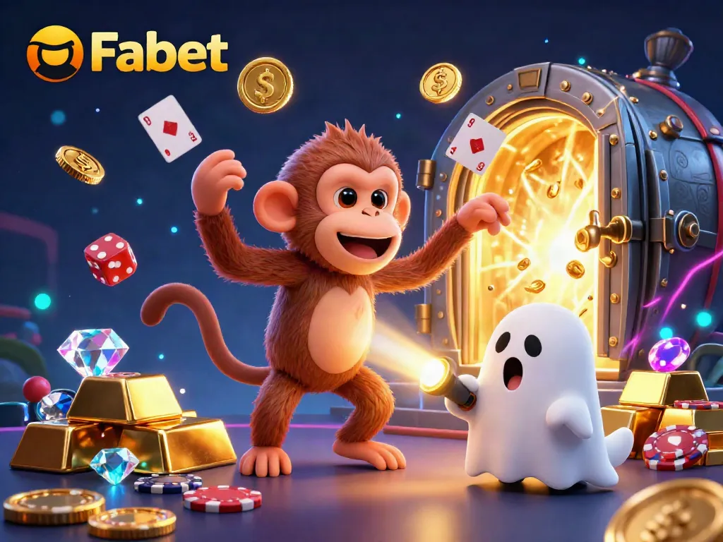 Fabet casino scene featuring a playful monkey and ghost-hunter puppy amidst gold coins, showcasing vibrant gambling excitement.