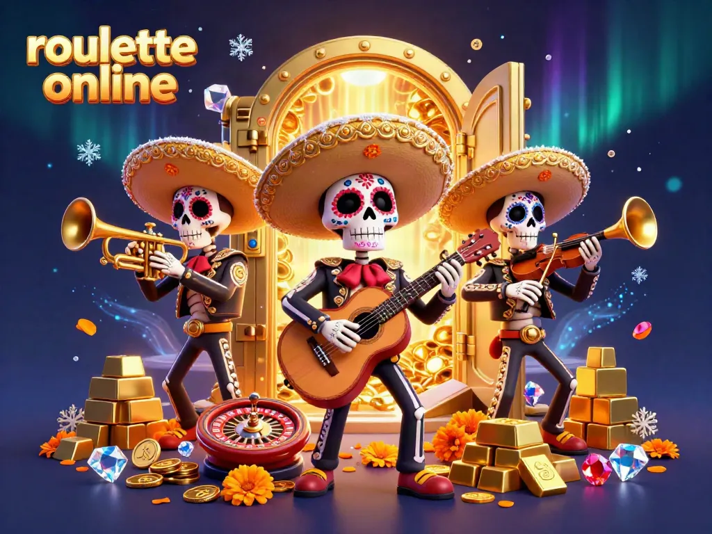 Experience the thrill of roullete online with a vibrant mariachi band amidst dazzling casino treasures.