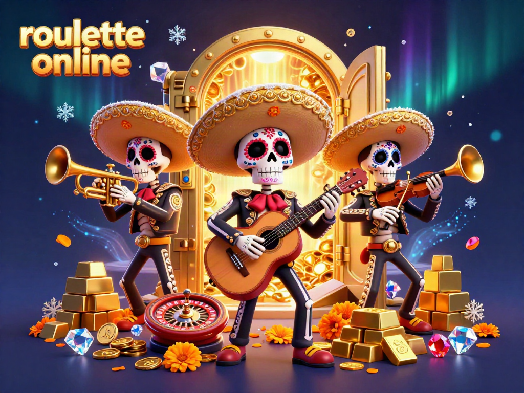 Experience the thrill of roullete online with a vibrant mariachi band amidst dazzling casino treasures.