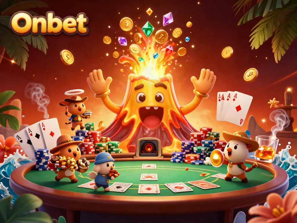 Experience thrilling moments with Onbet at a vibrant casino setting featuring a golden volcano and poker elements.