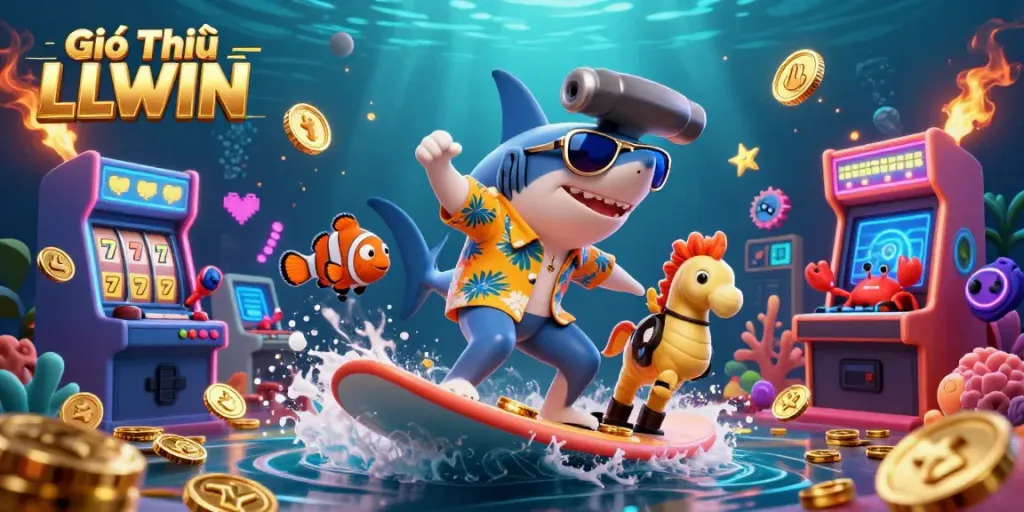 Experience Giới Thiệu LLWIN with a vibrant scene featuring a shark surfing on gold coins amidst casino themes.