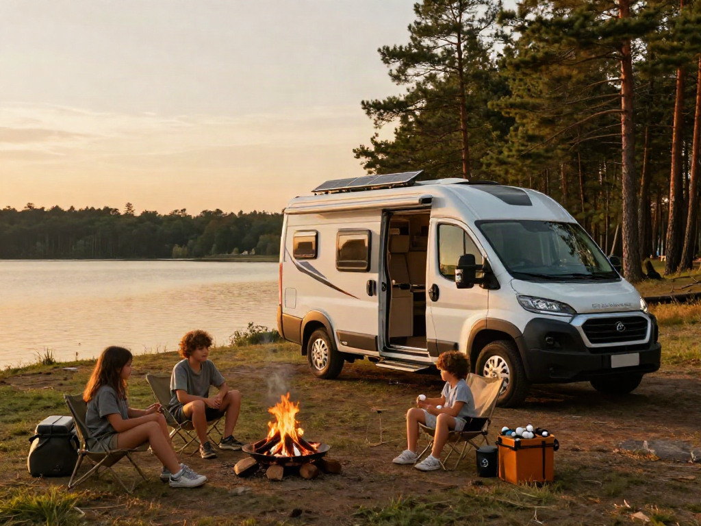 Family camping with lithium batteries for RV setup near a serene lake during sunset.