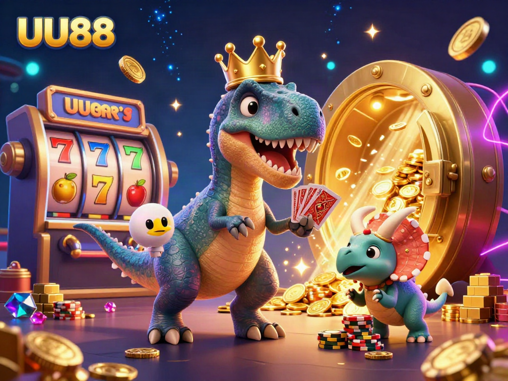 UU88 features an exciting casino scene with a T-Rex shuffling cards and vibrant colorful elements.