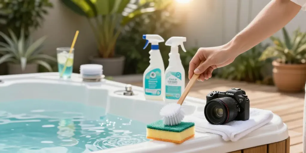 Eco-friendly spa cleaning & wash replacement scene with a person tending to a hot tub surrounded by greenery