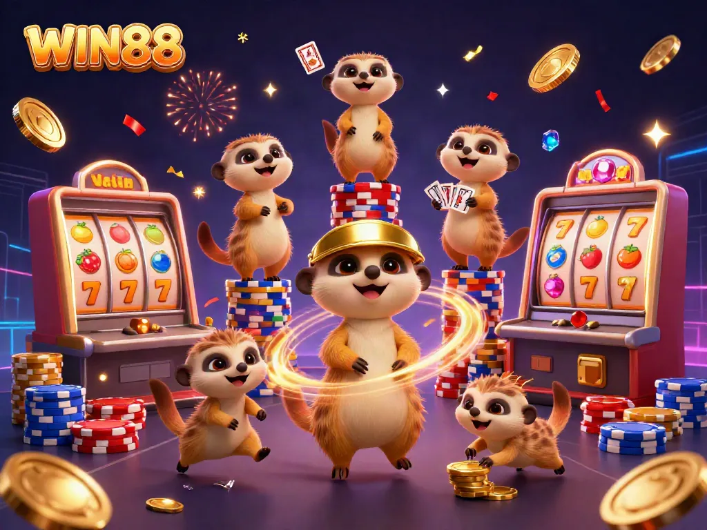 Win88 showcases a vibrant scene with meerkats operating a casino, emphasizing strategy and excitement in gaming.