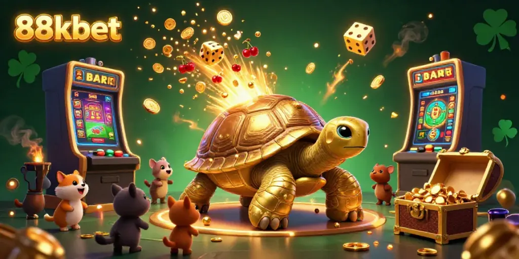 Engage with the colorful casino scene of 88kbet, featuring playful characters and vibrant gaming elements.