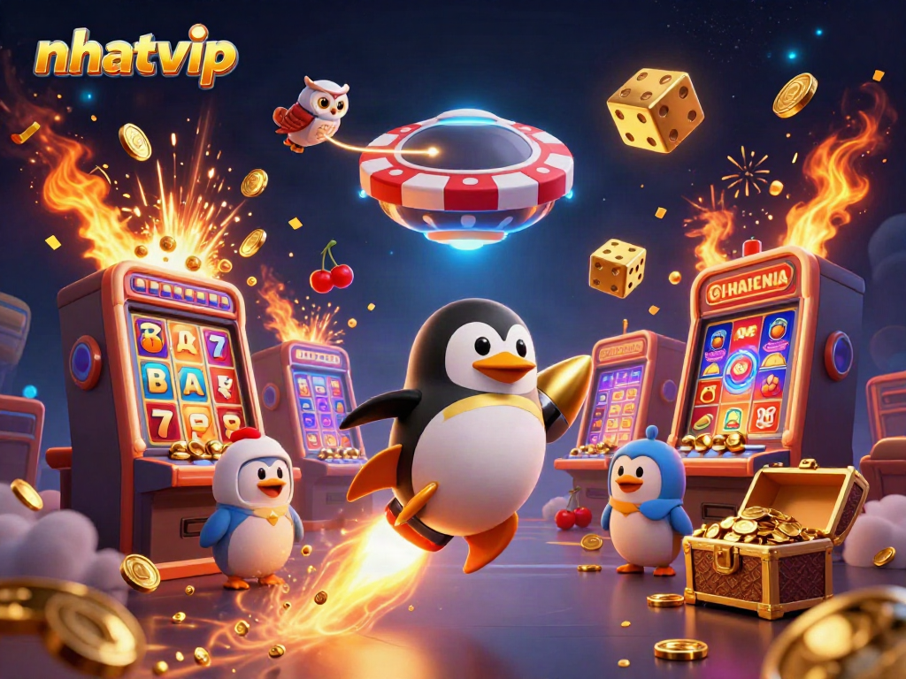 Engage with nhatvip casino excitement through a vibrant 3D scene of a golden penguin in space.