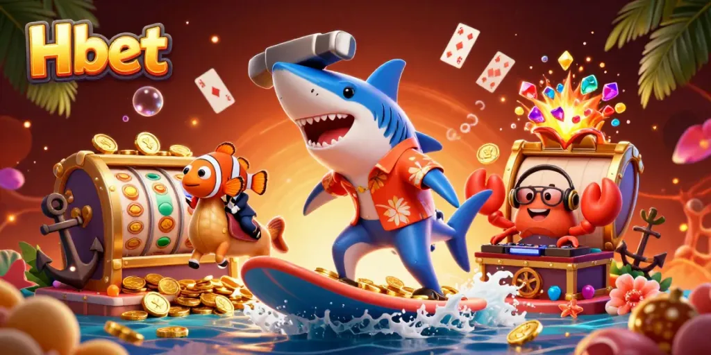 Experience the thrill of gaming with Hbet's vibrant underwater casino scene filled with gold coins and playful characters.