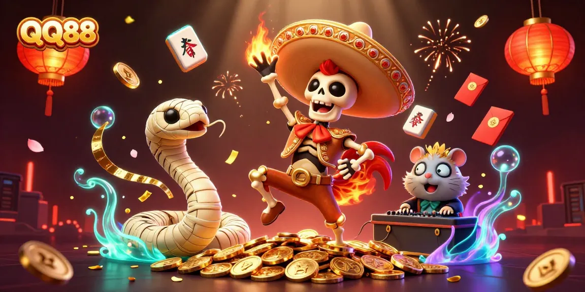 Celebrate gambling wins at QQ88 with festive casino-themed 3D characters amid floating game elements.