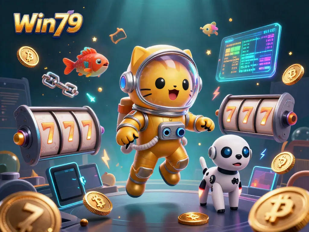 Win79 showcases an engaging cosmic casino scene with a floating astronaut cat and a robot dog in a vibrant game environment.