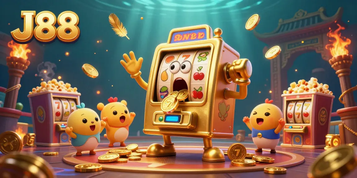 Hit the jackpot with the J88 golden slot machine as coins fly in a vivid casino scene.