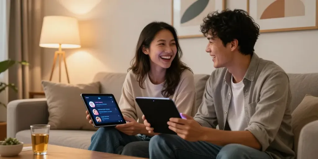 A couple enjoying their experience with AI sex chat on smartphones in a cozy living room.