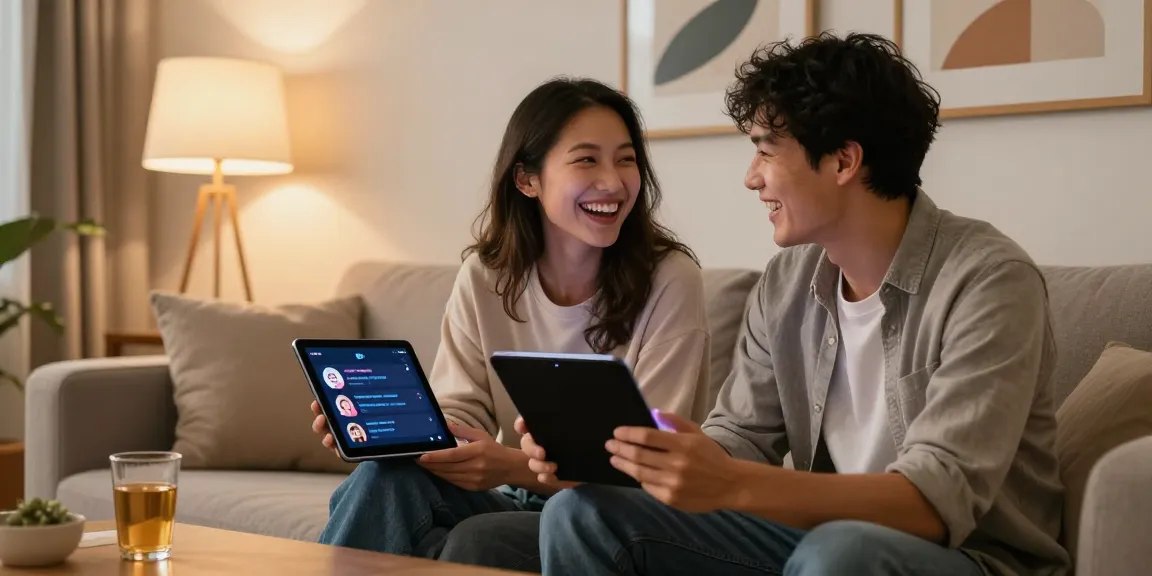 A couple enjoying their experience with AI sex chat on smartphones in a cozy living room.