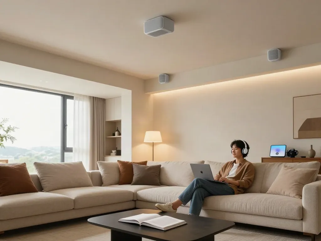 Spacious living room featuring smart ceiling speakers integrated elegantly into the design.