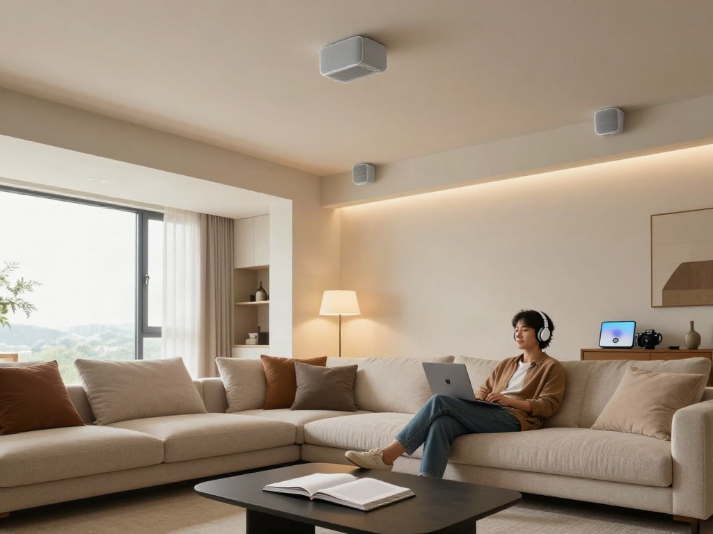 Spacious living room featuring smart ceiling speakers integrated elegantly into the design.