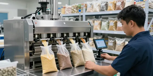 Open mouth bag filling machine efficiently packaging bulk materials in a manufacturing setting.