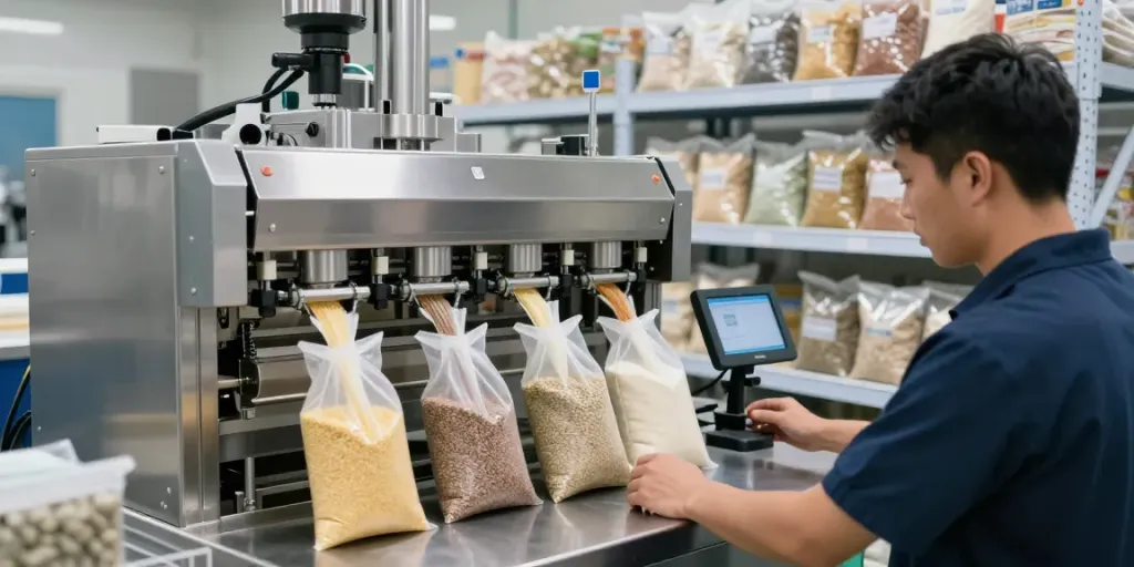Open mouth bag filling machine efficiently packaging bulk materials in a manufacturing setting.