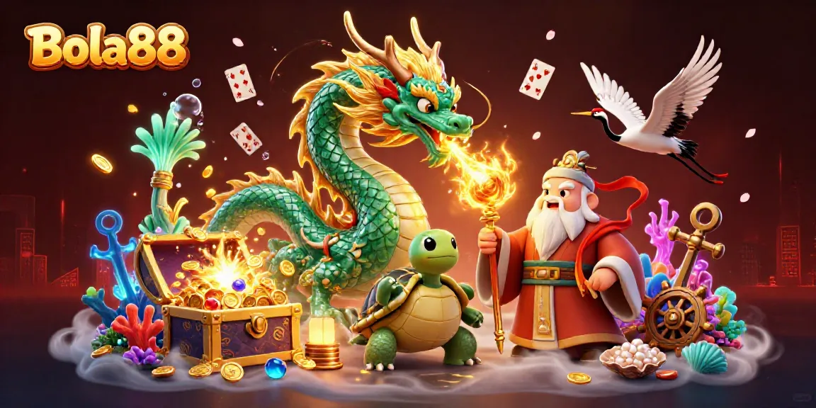 Bola88 showcases a vibrant illustrated scene with a jade dragon, turtle sage, and flying cranes, delivering an immersive casino experience.