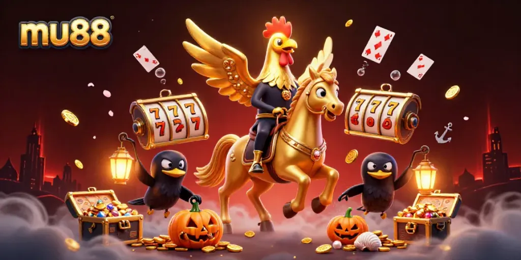 Experience thrilling gameplay at MU88 with a vibrant 3D casino scene showcasing golden rooster characters and colorful gaming elements.