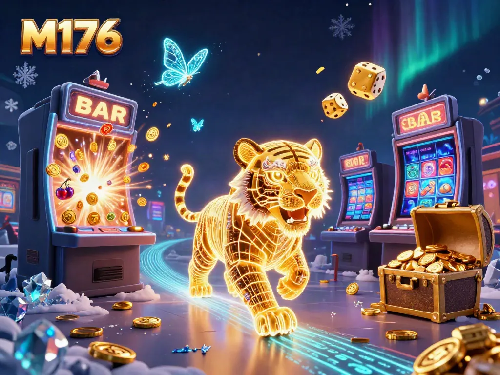 Engage in thrilling M176 slots with exciting jackpots and vibrant casino elements in a dynamic illustration.