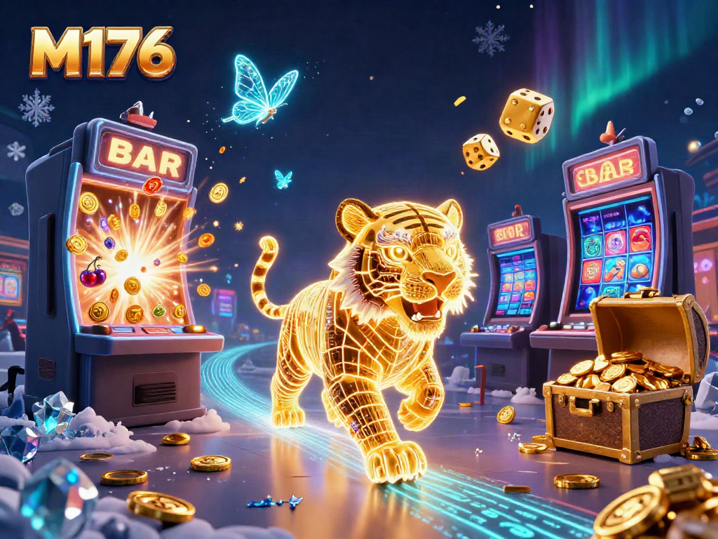 Engage in thrilling M176 slots with exciting jackpots and vibrant casino elements in a dynamic illustration.