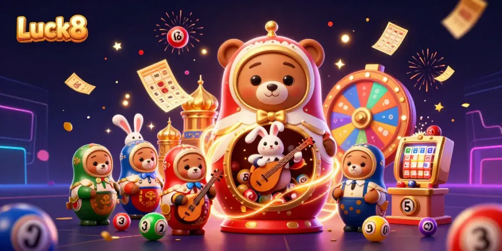 Experience the thrill of Luck8 with vibrant lottery elements and lively casino characters in action.