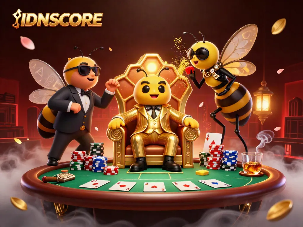 Experience IDNSCORE in a dynamic casino scene with a bumblebee mob boss, poker elements, and golden details.