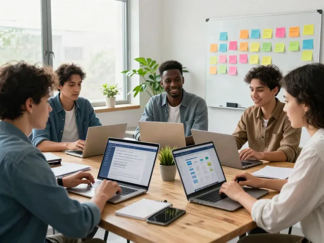 Collaboration on 링크모음 technology in a vibrant office scene with diverse professionals.