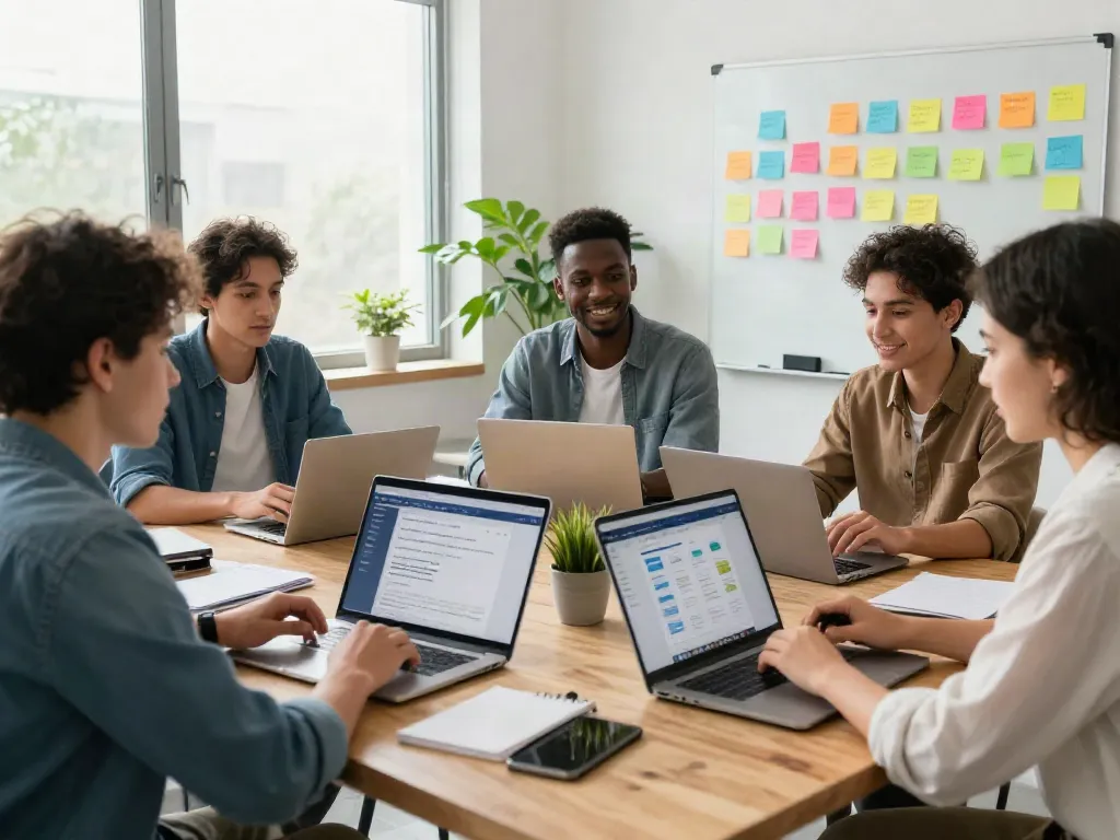 Collaboration on 링크모음 technology in a vibrant office scene with diverse professionals.