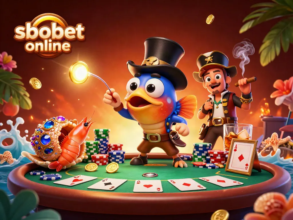 Place bets on sbobet online with this vibrant illustration of a lively underwater casino scene.