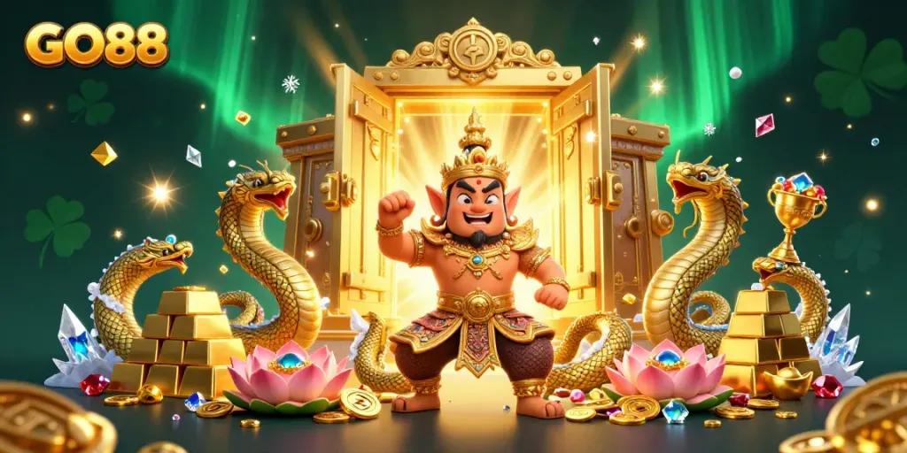 Experience GO88's vibrant online gaming scene with golden treasures and mystical characters.