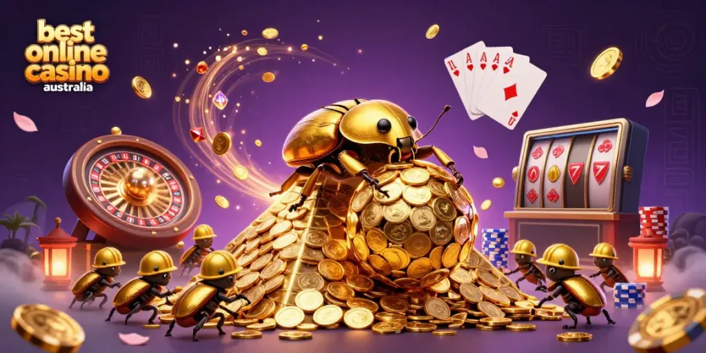 Engage in winning strategies at the best online casino australia featuring a golden beetle theme with casino symbols.