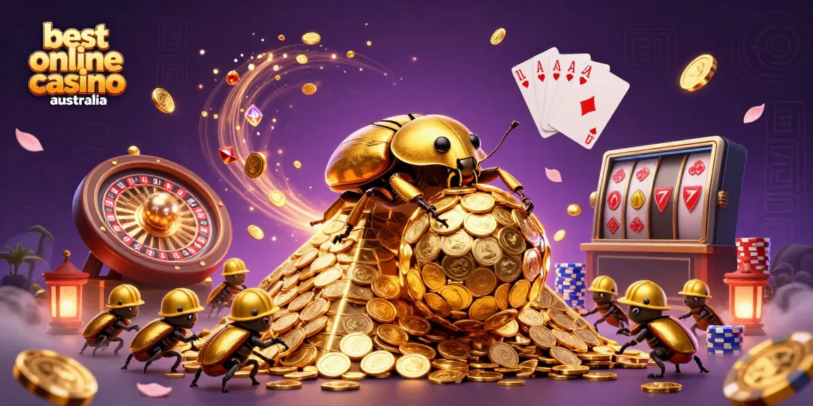 Engage in winning strategies at the best online casino australia featuring a golden beetle theme with casino symbols.