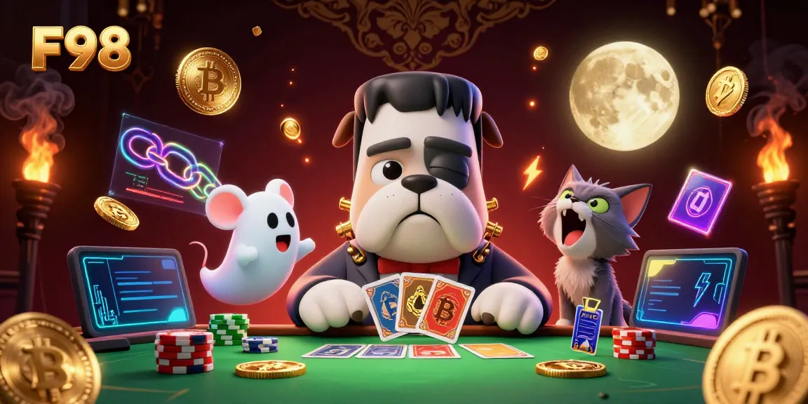 Experience the thrill of F98 as a bulldog dealer interacts with a ghost mouse and a werewolf kitten at a casino table.