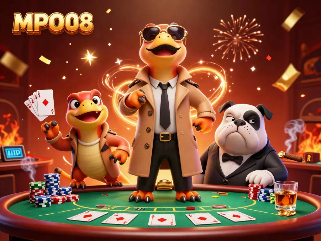 MPO08 raptors in a trench coat comically entering a VIP casino lounge, vibrant 3D art.