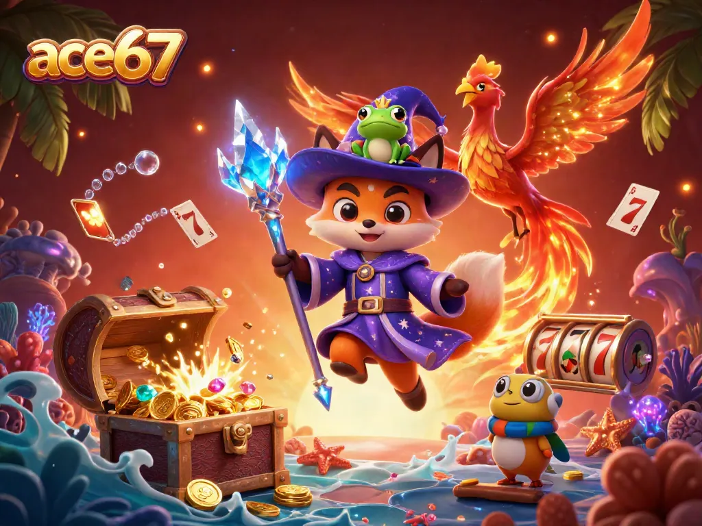 Experience thrilling gameplay at ace67 with a mystical fox wizard, phoenix, and vibrant casino elements.